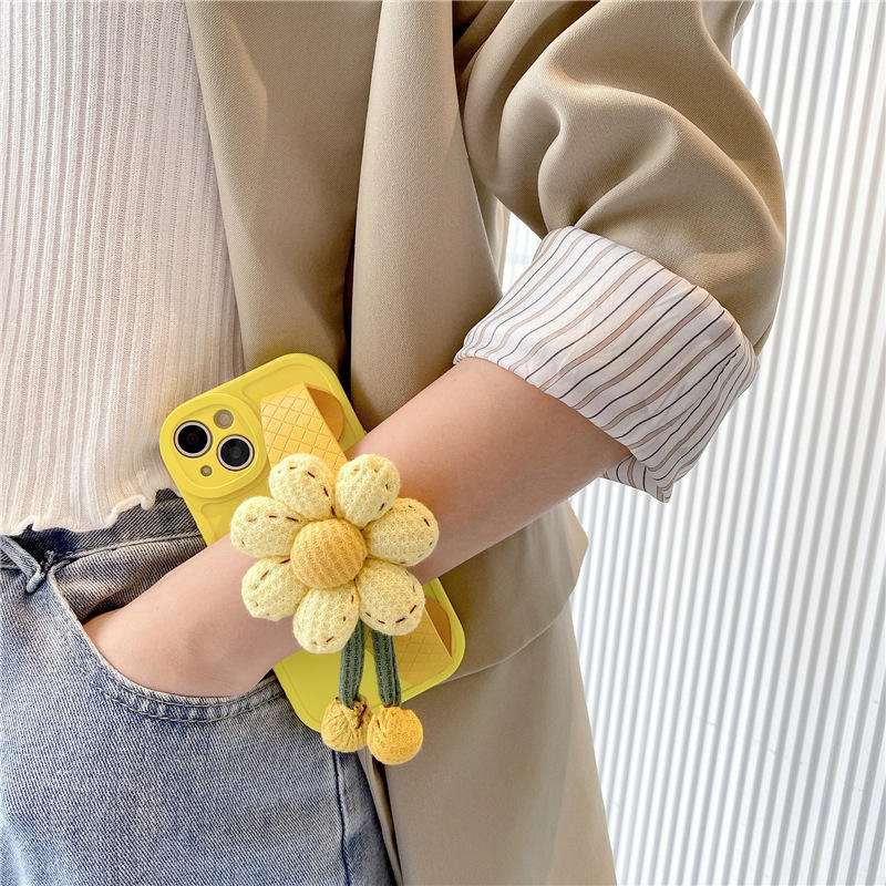 Handwoven Crochet Sunflower Wrist‑Strap Phone Case for iPhone