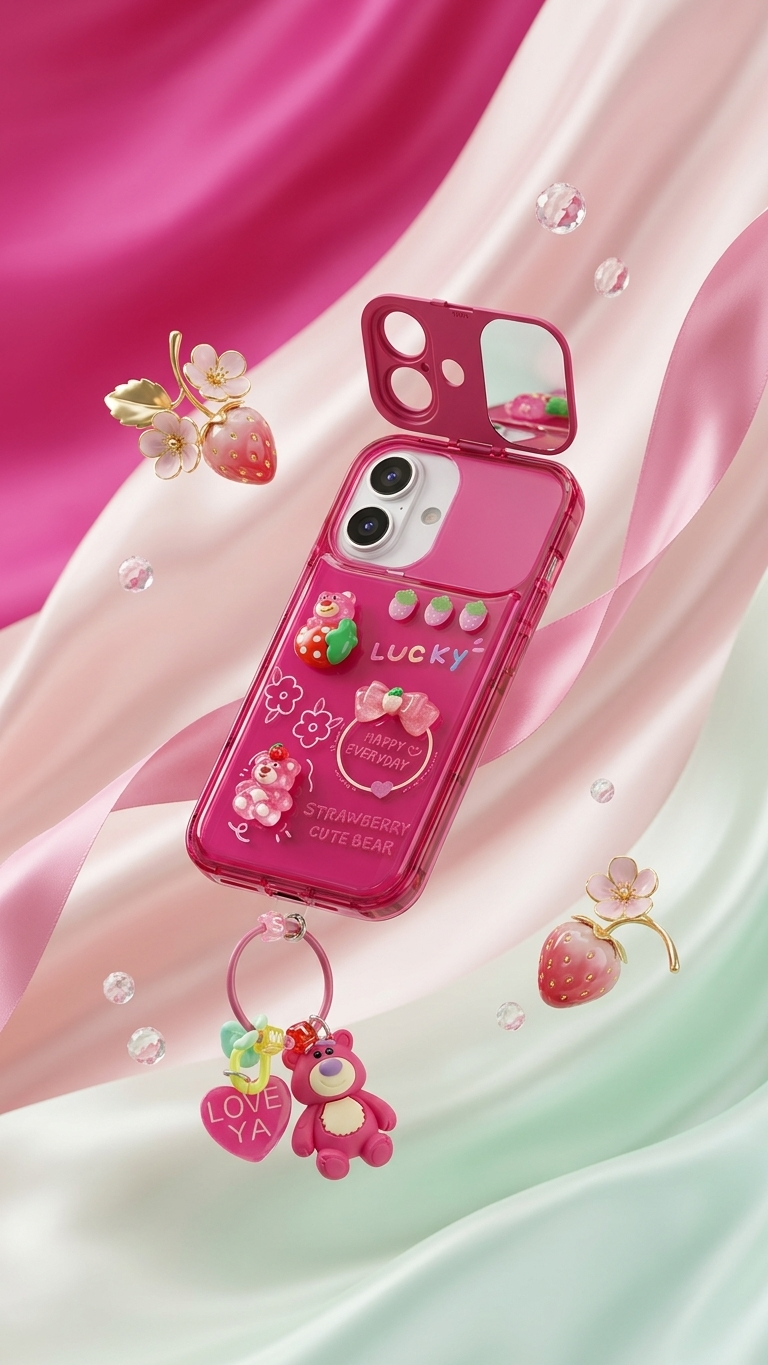 Strawberry Bear Mirror Case with Charm – Cute & Functional iPhone Cover
