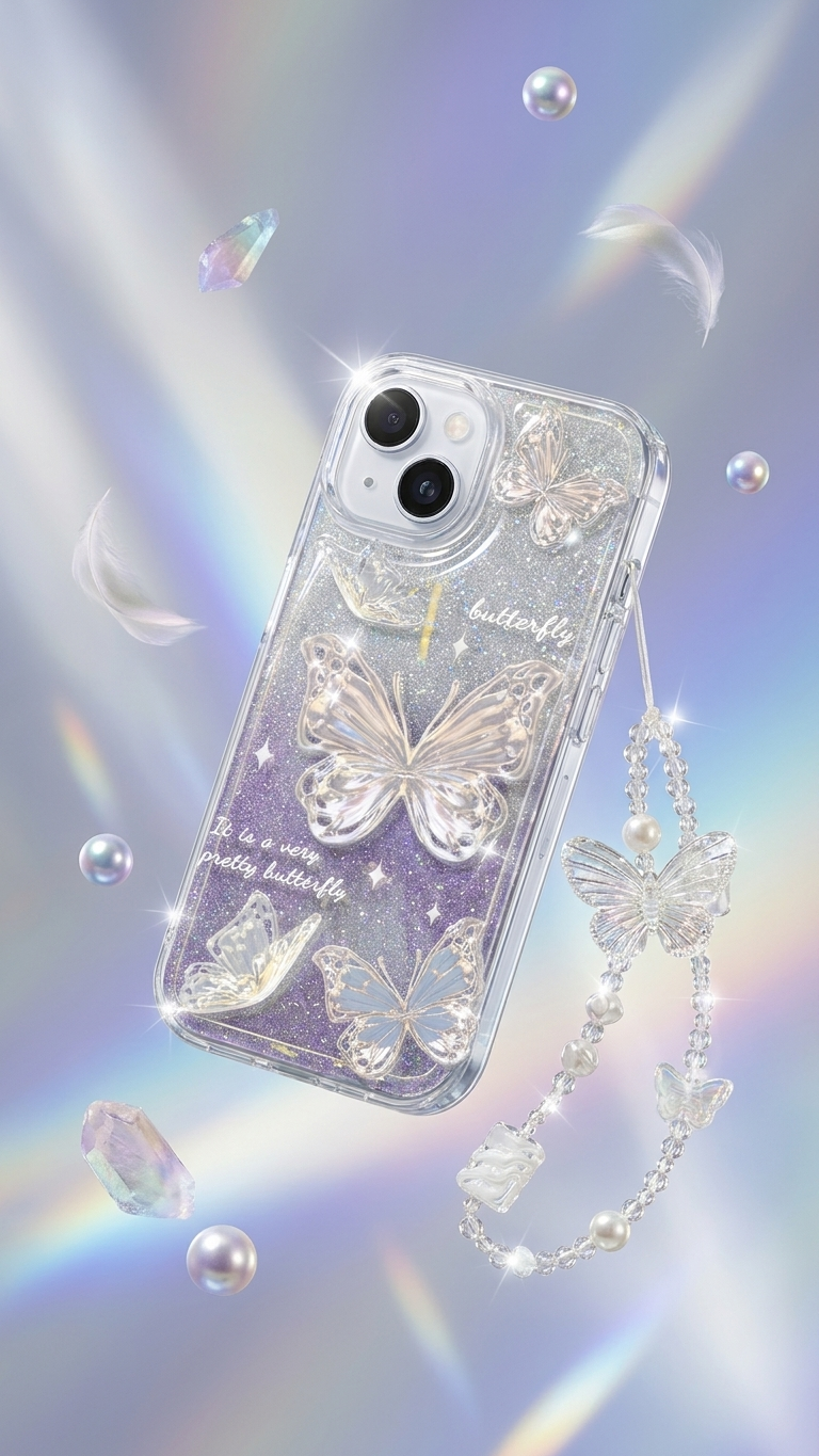 Fashion Gradual Colors Glitter TPU Butterfly Phone Case With Strap Chain Back Cover