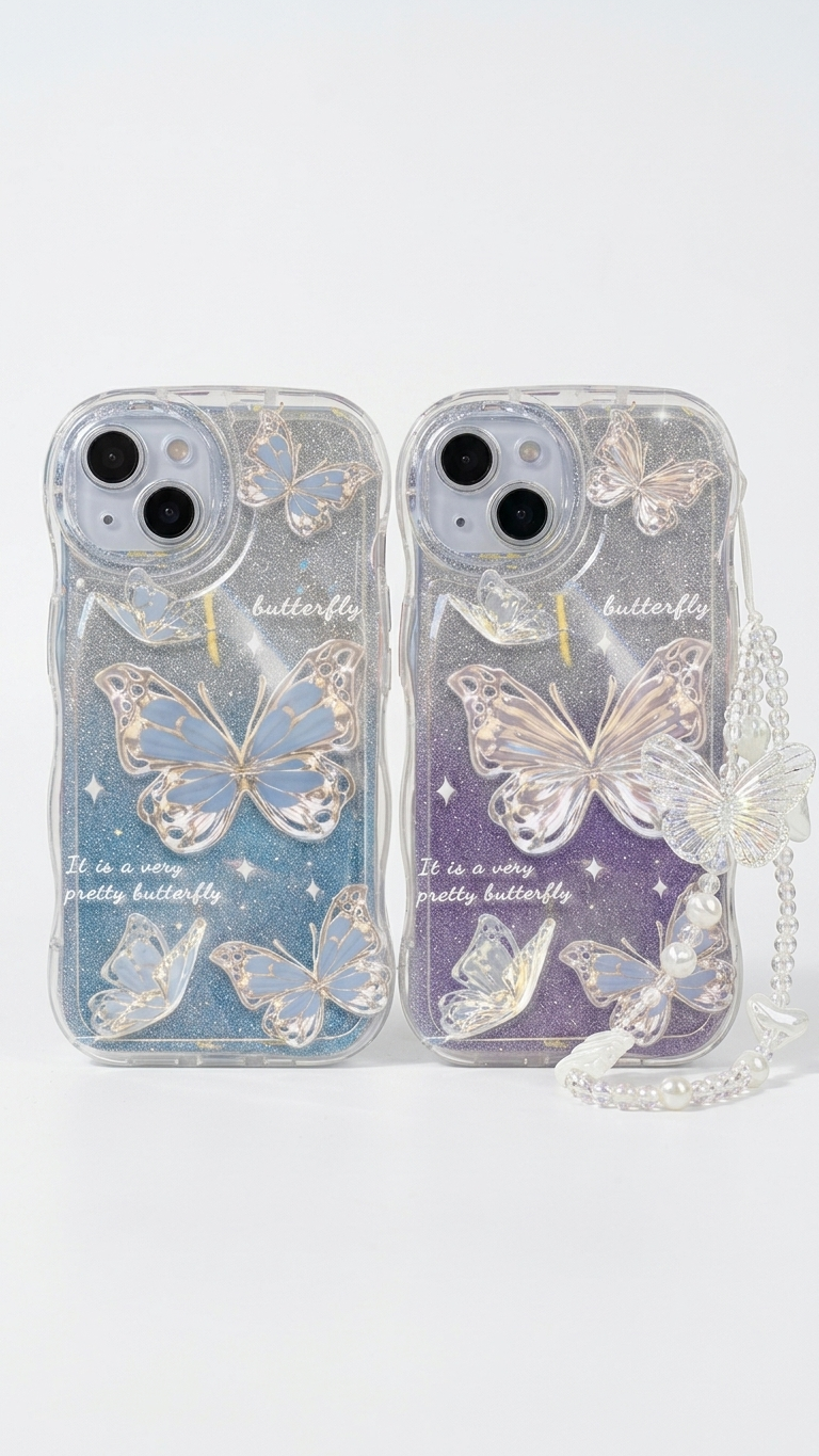 Fashion Gradual Colors Glitter TPU Butterfly Phone Case With Strap Chain Back Cover