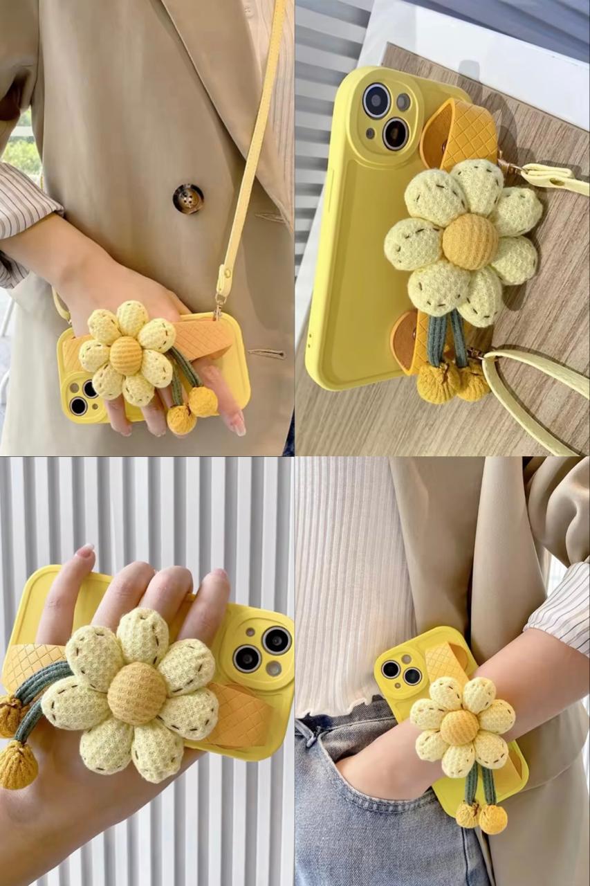 Handwoven Crochet Sunflower Wrist‑Strap Phone Case for iPhone
